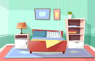 Free vector cartoon bedroom interior background template. cozy modern house room concept.