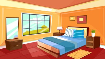 免费矢量卡通卧室室内背景模板。舒适的现代房子房间晨光