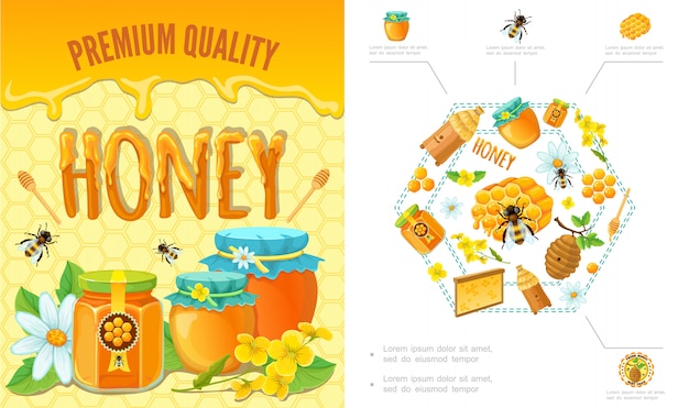 Free vector cartoon beekeeping colorful composition with bees honeycomb hive clipper stick flowers jars and pots of organic fresh honey