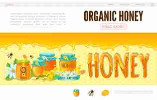 Free vector cartoon beekeeping web page template with bees flowers pots of organic honey on honeycomb background