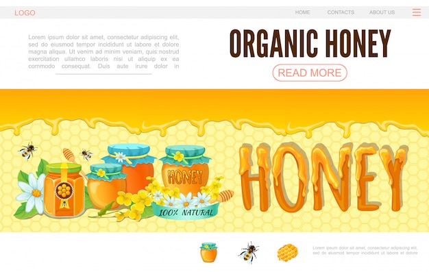 Cartoon beekeeping web page template with bees flowers pots of organic honey on honeycomb background