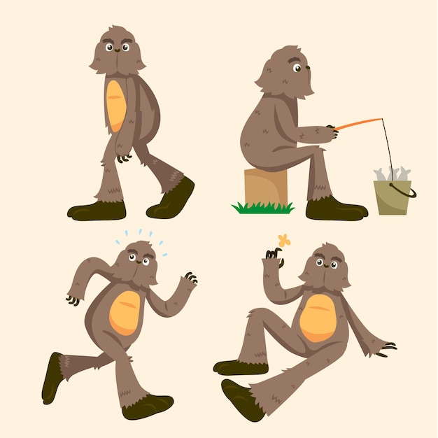 Free vector cartoon bigfoot sasquatch character pack