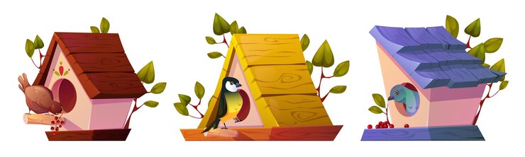 Free Vector cartoon birdhouse collection with perched birds