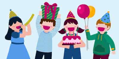 無料ベクター 漫画の誕生日パーティーの人々男性と女性は家で誕生日パーティーを持っています