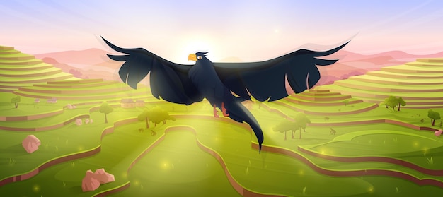 Free vector cartoon black eagle bird flying over rice terraces