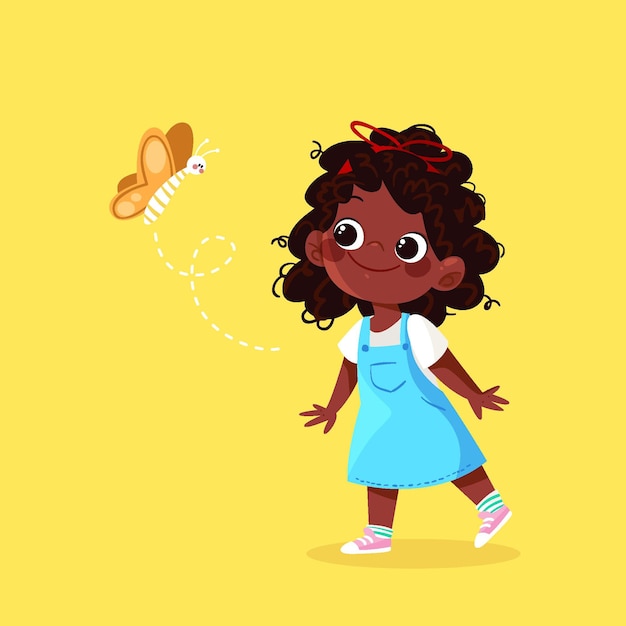 Мультфильм черная девушка иллюстрация с бабочкой