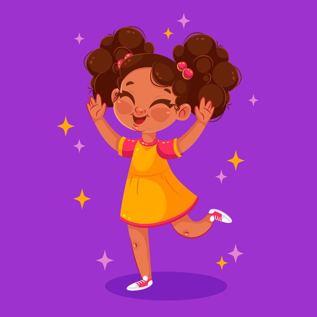 黄色のドレスでかわいいアフリカ系アメリカ人の女の子のキャラクター プレミアムベクター