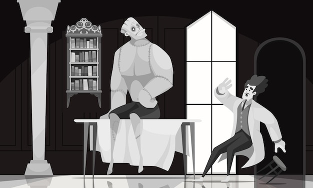 Composizione in bianco e nero del fumetto con il dottor victor frankenstein spaventato e il suo mostro che prendono vita nell'illustrazione vettoriale di laboratorio