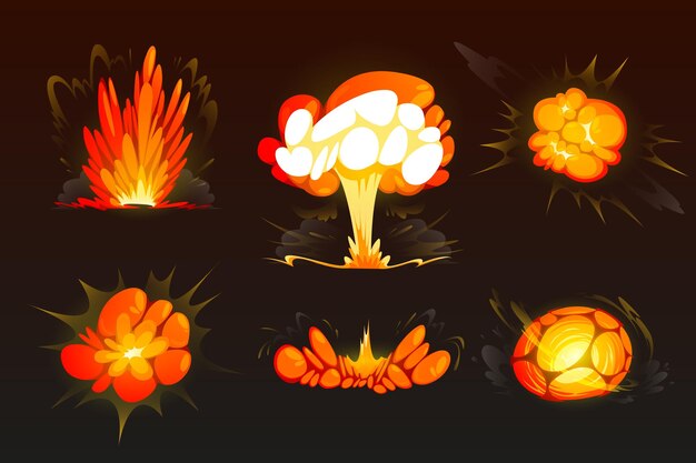 Cartoon bomb explosion set clouds boom effect