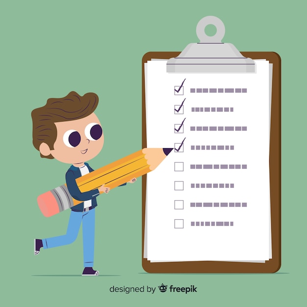 Free vector cartoon boy checking giant check list background