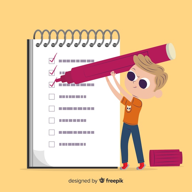 Free vector cartoon boy checking giant check list background