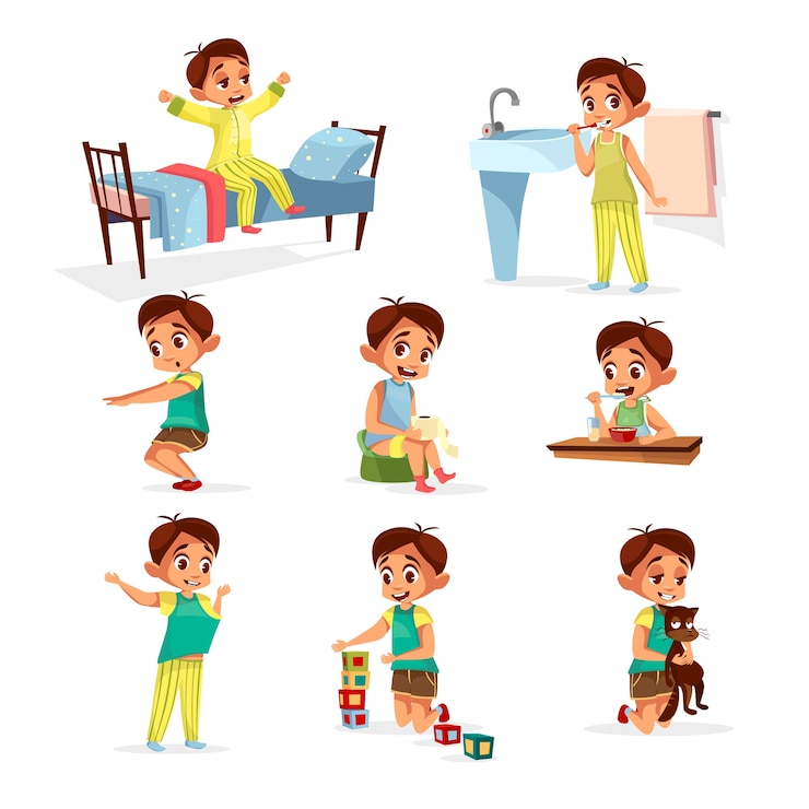 Free Vector cartoon boy daily routine activity set. male character wake up, stretch, brushing teeth
