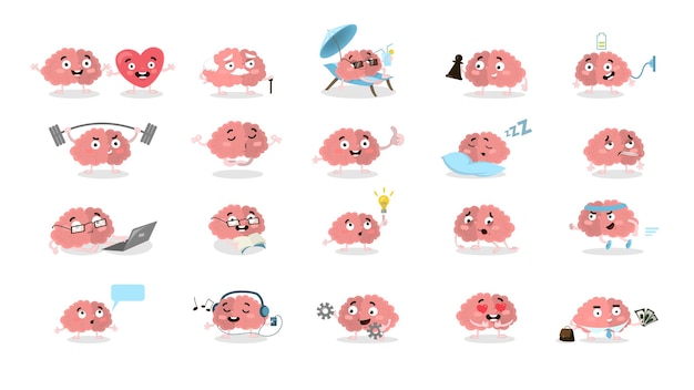 Free Vector cartoon brain set all emotions and situations as exercising and reading in love and angry