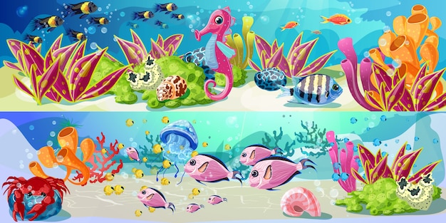 Free vector cartoon bright marine life horizontal banners