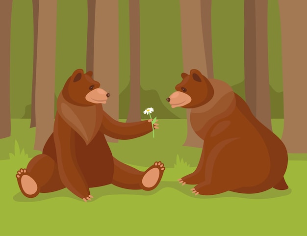 Cartoon brown bear giving flower to his love. illustration of bears, wild nature forest predator animals and sitting bear in love.