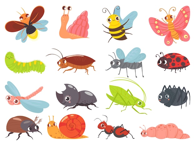Cartoon bugs. Baby insect, funny happy bug and cute ladybug