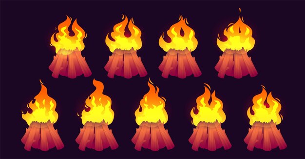 Cartoon burning camp fire flames with, campfire with woods and long tongues game animation sprite. orange and yellow shining flare blaze, inferno ignition isolated on black background vector icons set