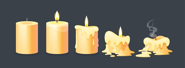 Cartoon burning yellow wax candles on the different stages of burning