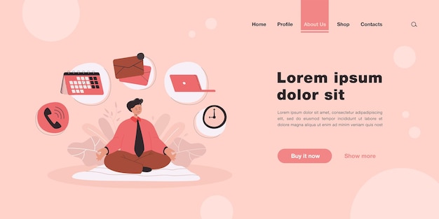 Free vector cartoon businessman character practicing yoga or meditation landing page in flat style