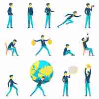 Free vector cartoon businessman character in various poses.