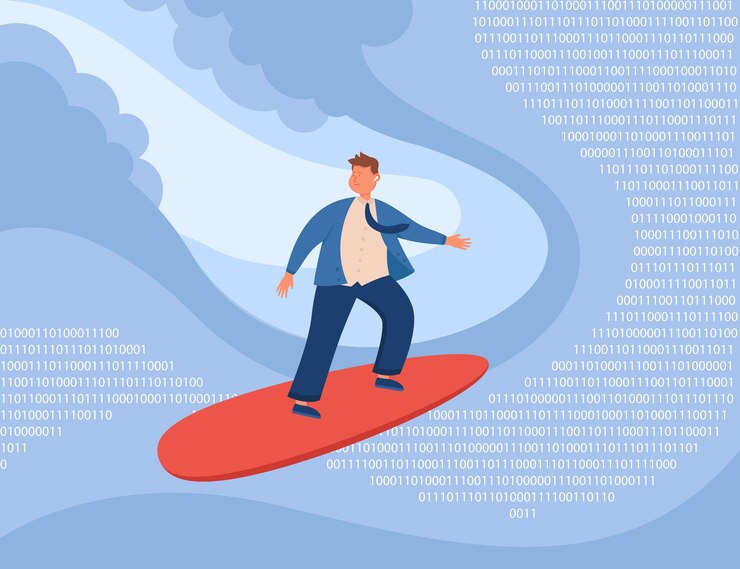 Free Vector cartoon businessman surfing on waves of binary numbers