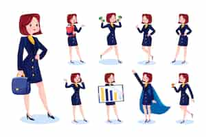 Free vector cartoon businesswoman in different scenes