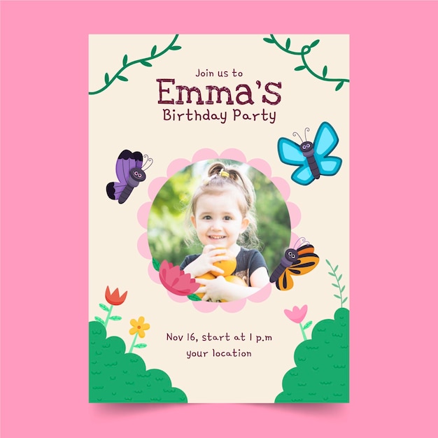 Free vector cartoon butterfly birthday invitation template with photo