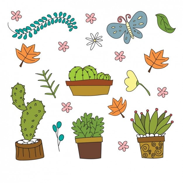 Vettore gratuito collezione di cactus del fumetto con fiori e farfalle in design piatto