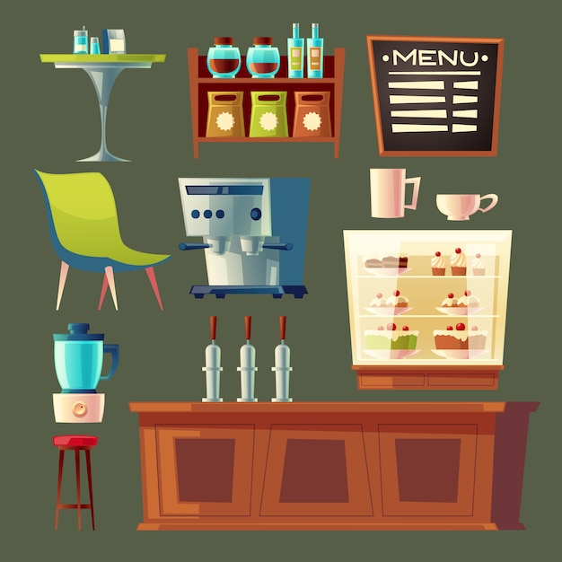 Cartoon cafe set - coffee machine, cupboard and table.