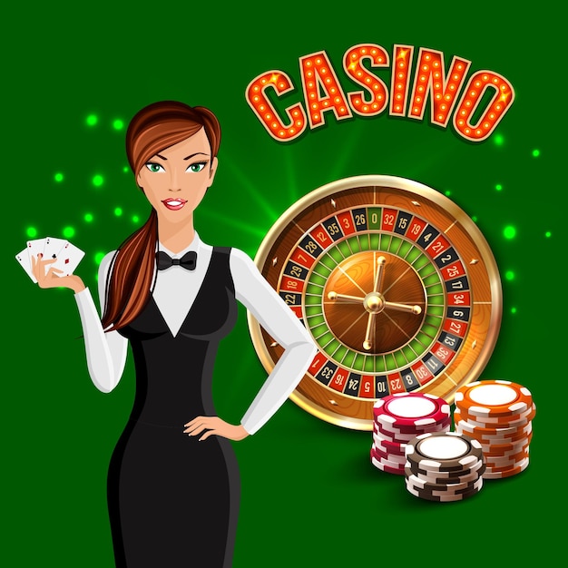 Cartoon casino realistic green composition with girl croupier and Russian Roulette behind her