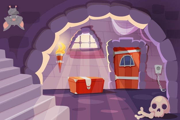 Free vector cartoon castle dungeon for prisoners with torch iron shackles and wooden door