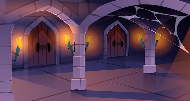 Free vector cartoon castle interior with wooden door stone wall and torches with fire