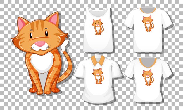 Cartoon cat character with set of different shirts isolated
