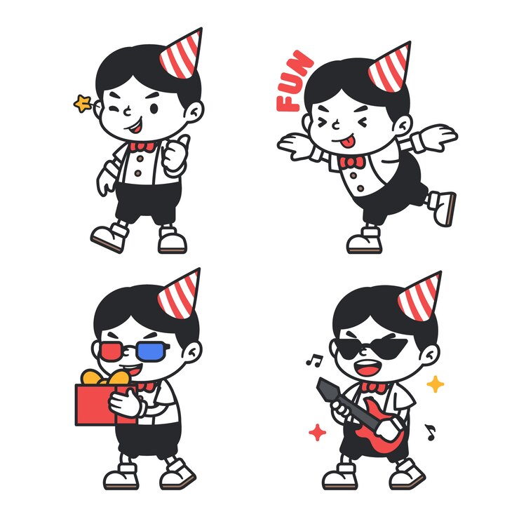 無料Vector 漫画のキャラクターの誕生日ステッカーセット