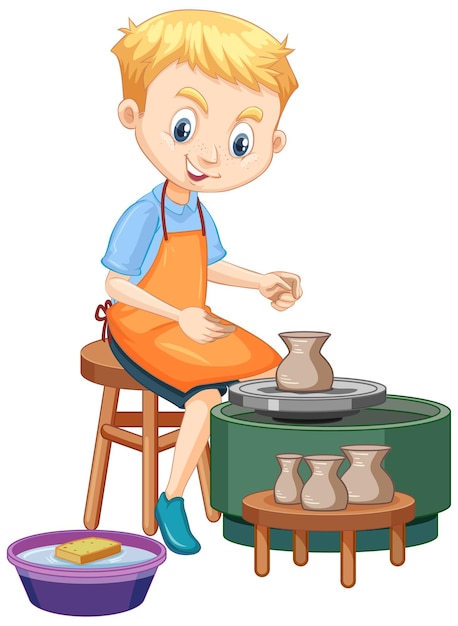 Cartoon character boy making pottery clay on white background