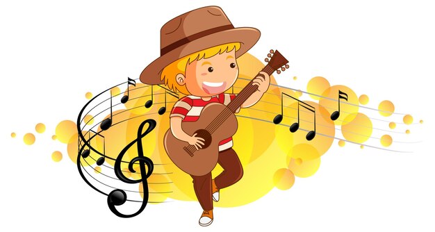 Cartoon character of a boy playing guitar on melody symbols background