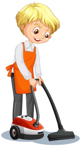 Free vector cartoon character of a boy using vacuum cleaner