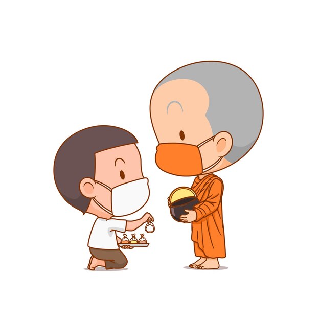 Cartoon character of buddhist monks  receive food from a boy  they both are wearing mask