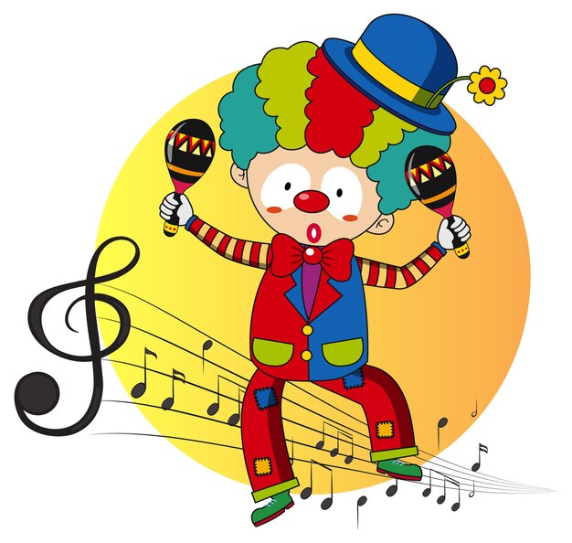 ピエロの漫画のキャラクターは、音楽のメロディーのシンボルで踊る