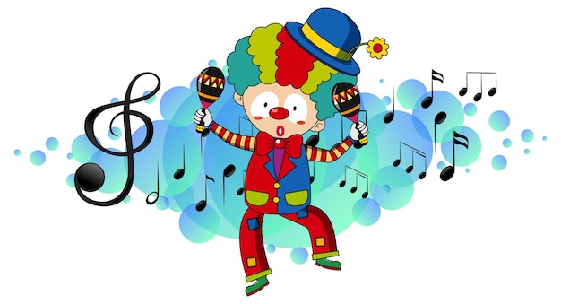 Cartoon character of a clown dances with musical melody symbols