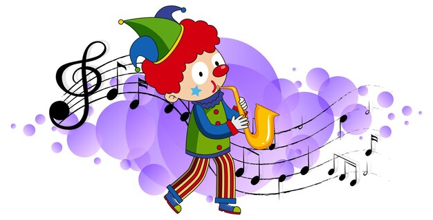 ピエロの漫画のキャラクターは、音楽のメロディーのシンボルでサックスを演奏します