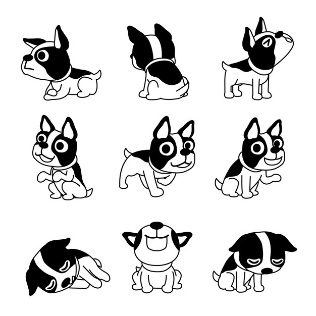 漫画のキャラクターが可愛いボストンテリア犬のポーズ プレミアムベクター