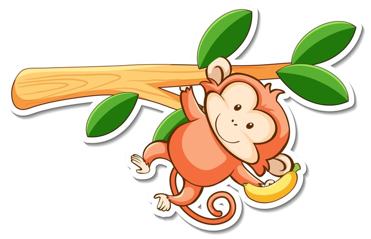 Free Vector cartoon character of cute monkey hanging on a branch sticker