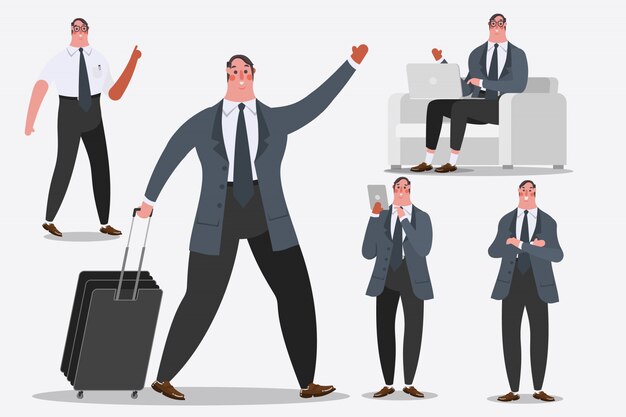 Cartoon character design illustration. Businessman showing Handle luggage, greetings, and computer laptops.