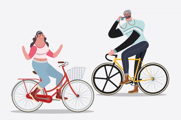 만화 캐릭터 디자인 일러스트 레이 션. 자전거를 타는 남자들 사진을 찍는 여자 자전거를 타지 않는 여자