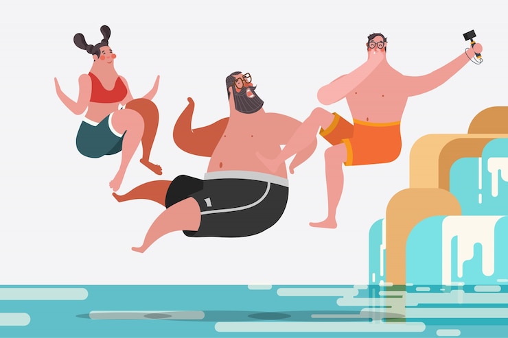 Free Vector cartoon character design illustration. teenage boys and girls jumping waterfalls