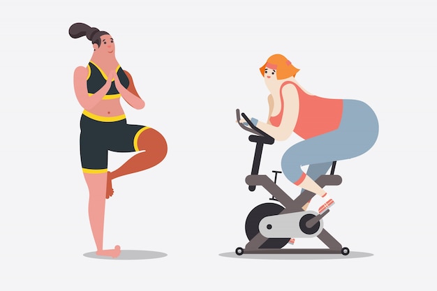 Free vector cartoon character design illustration. two women workout with yoga and bicycle in the gym.