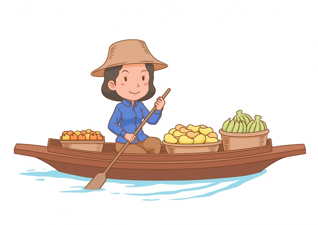 Cartoon character of floating market vendor rowing the boat.