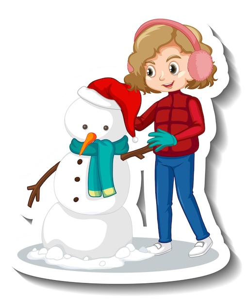 Cartoon character of a girl building snowman sticker