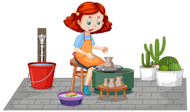 Бесплатное векторное изображение Девушка из мультфильма делает гончарную глину на белом фоне